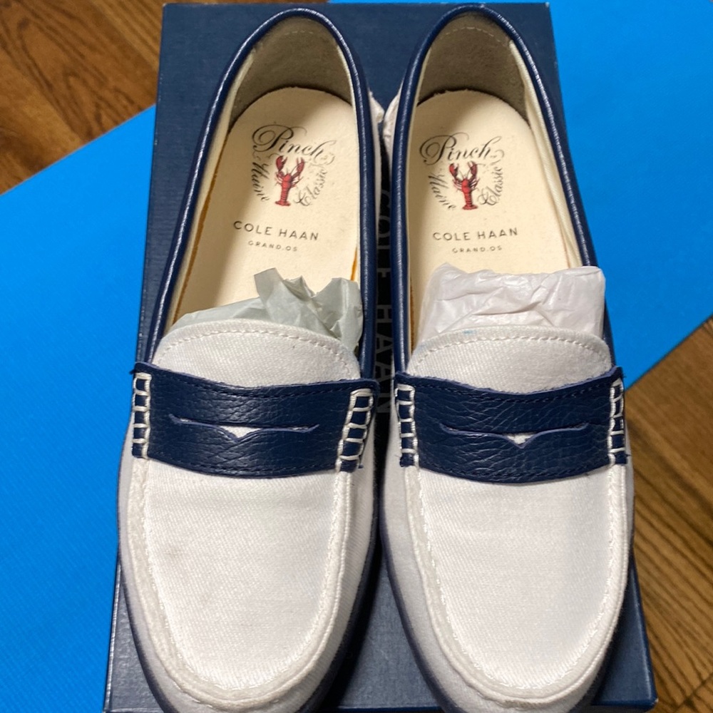 Cole Haan White canvas blue leather trim loafers